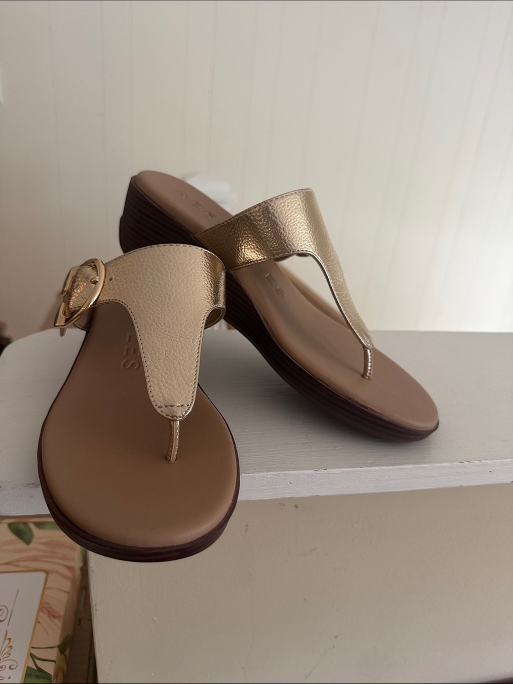 AEROSOLES Gold Metallic Thong Wedge Sandals